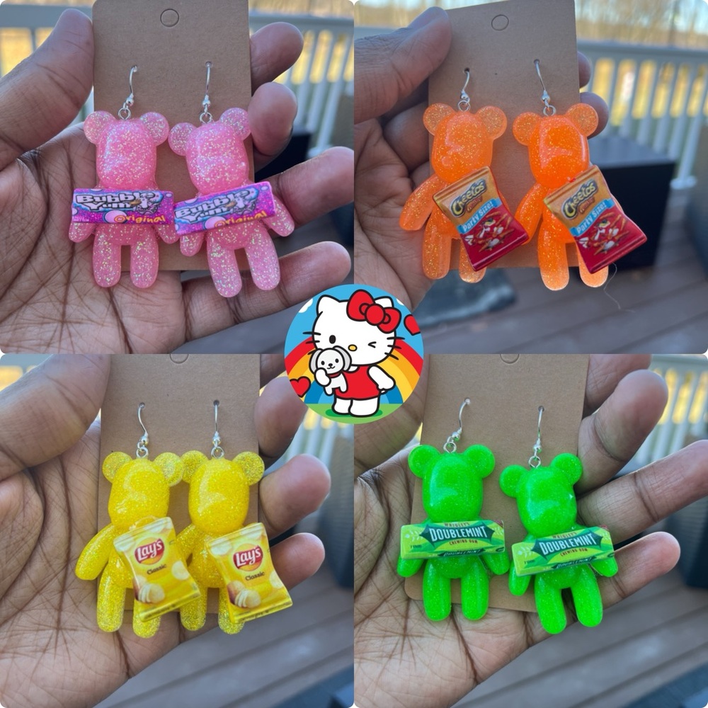 4 Sets of Bear Earrings with Silver Hooks